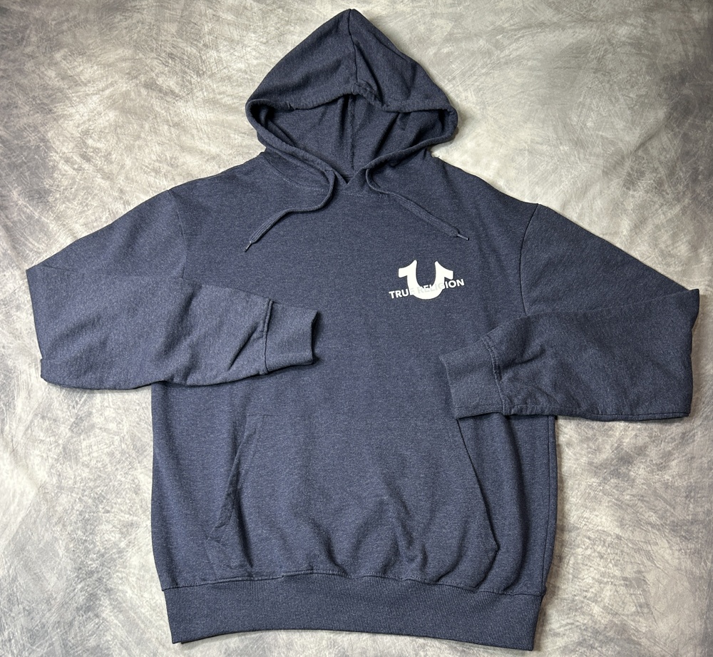 True Religion Hoodie Mens Large Blue Fleece Pullover Logo Graphic Back